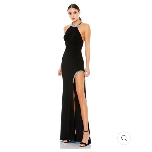 Mac Duggal HIGH SLIT HALTER GOWN W/ RHINESTONE ACCENTS $358 size 0 NEW - Picture 1 of 10